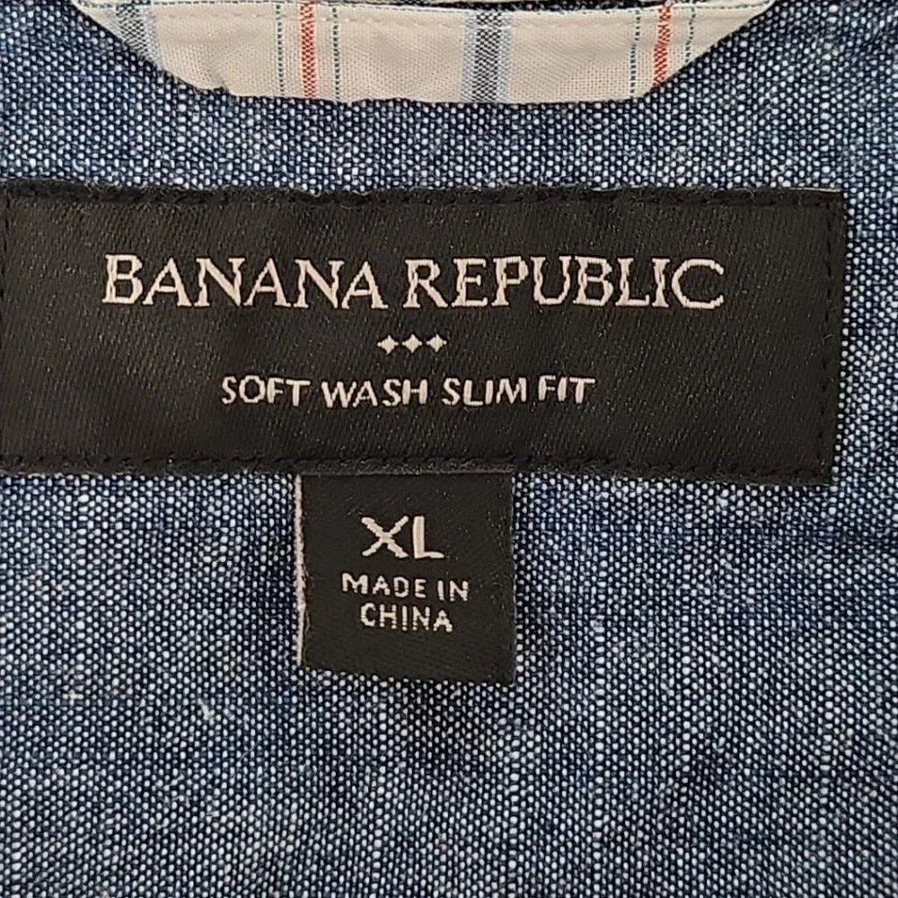 Banana Republic Shirt Men's XL Red White Blue Windowpane‎ Soft Wash Slim Fit EUC